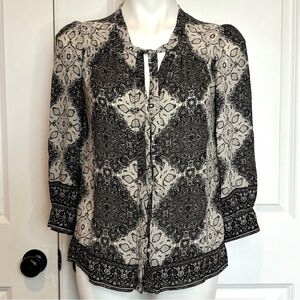 Joie Gray Paisley Silk Tie Neck Puff Shoulder Blouse S